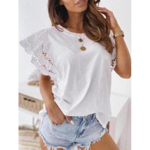 Distinctive Hollow-Out Short Sleeve White Top