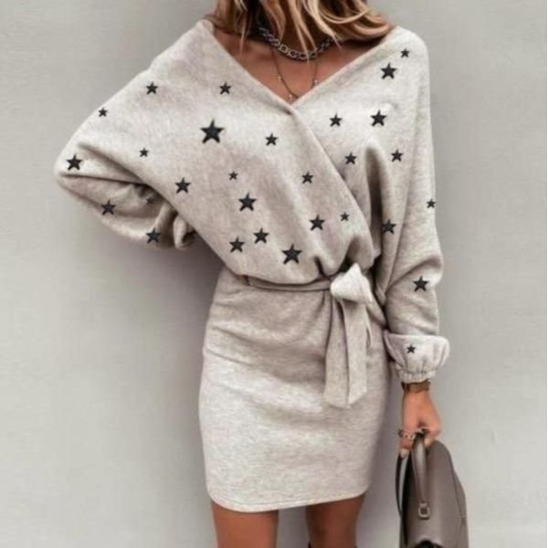 Comfy Long Sleeve Print Mini Sweater Dress