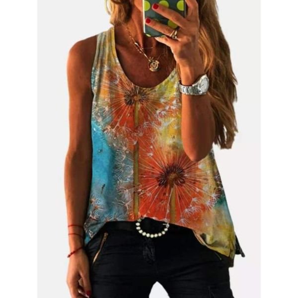 Showy Print Round Neck Sleeveless Top